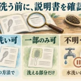 説明書を確認し、丸洗い可、一部のみ可、不明・不可の3つに分けて水洗いの範囲を判断する生成イラスト。
