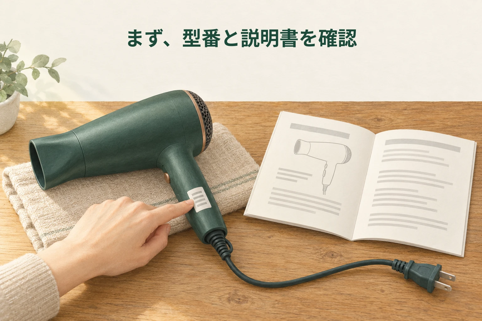 プラグを抜いた一般的なドライヤーの表示ラベルを指で確認し、横に取扱説明書を置いたイラスト