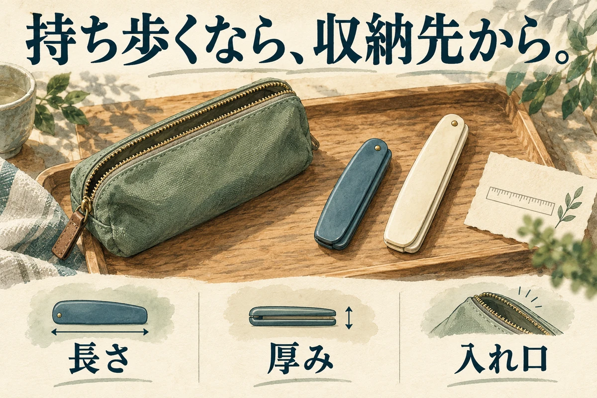 ポーチと一般的な閉じた携帯用コームを並べ、長さ、厚み、入れ口を確認するポイントを示した生成イラスト。