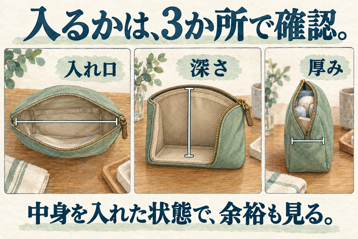 ポーチの入れ口、内側の底から開口部までの深さ、厚みを、3つの視点で示した断面を含む生成イラスト。