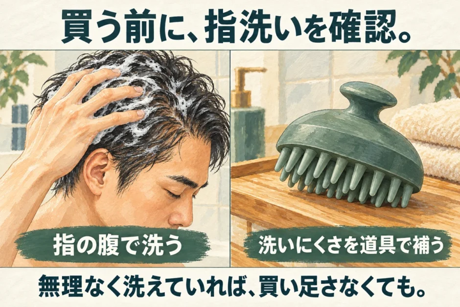指の腹で髪を洗う男性と洗髪用ブラシを並べ、買う前に指洗いを確認する考え方を示すイラスト。