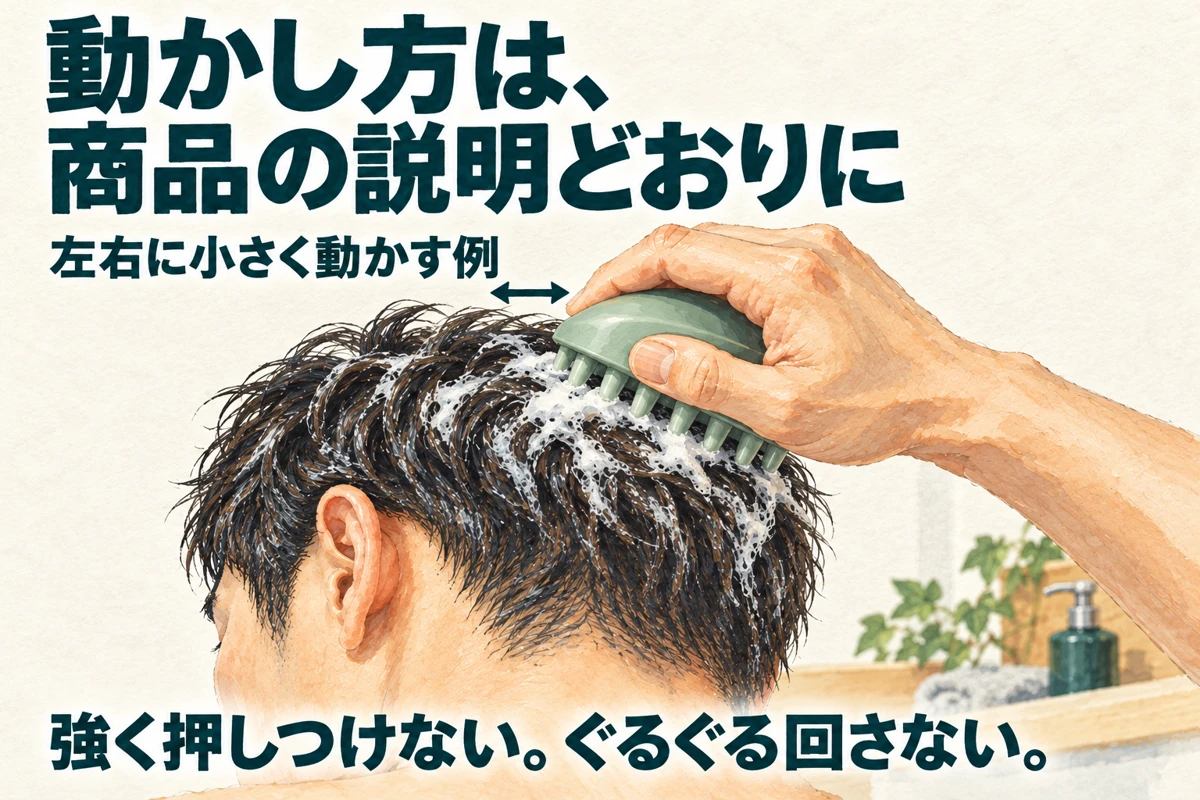 泡立った髪に洗髪用ブラシを当てる手と短い左右矢印を描き、商品の説明に従って小さく動かす例を示すイラスト。